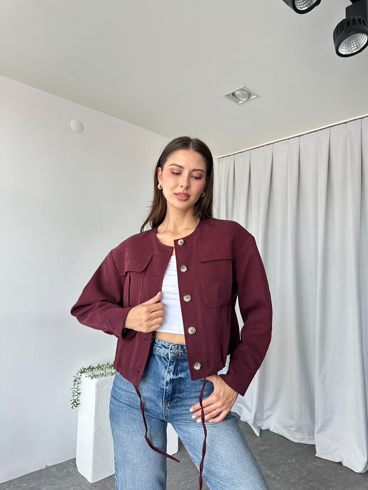Kadın Bordo Cepli Kısa Ceket - Görsel 9