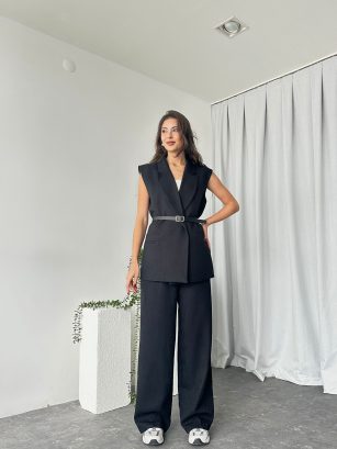 Kadın Siyah Sasha Yün Efekt Yelek-Takım