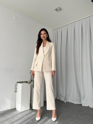 Kadın Krem Lessi Ceket Pantolon Takım