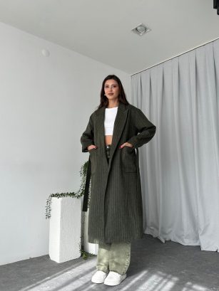 Yün Efekt Çizgili Kaşe Kaban (Haki)