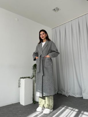 Yün Efekt Çizgili Kaşe Kaban (Gri)