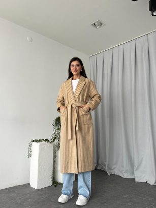 Yün Efekt Çizgili Kaşe Kaban (Krem)