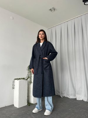 Yün Efekt Çizgili Kaşe Kaban (Lacivert)
