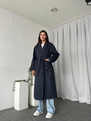 Yün Efekt Çizgili Kaşe Kaban (Lacivert)