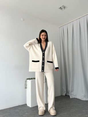 Triko Kremrengi Hırka-Pantolon Takım