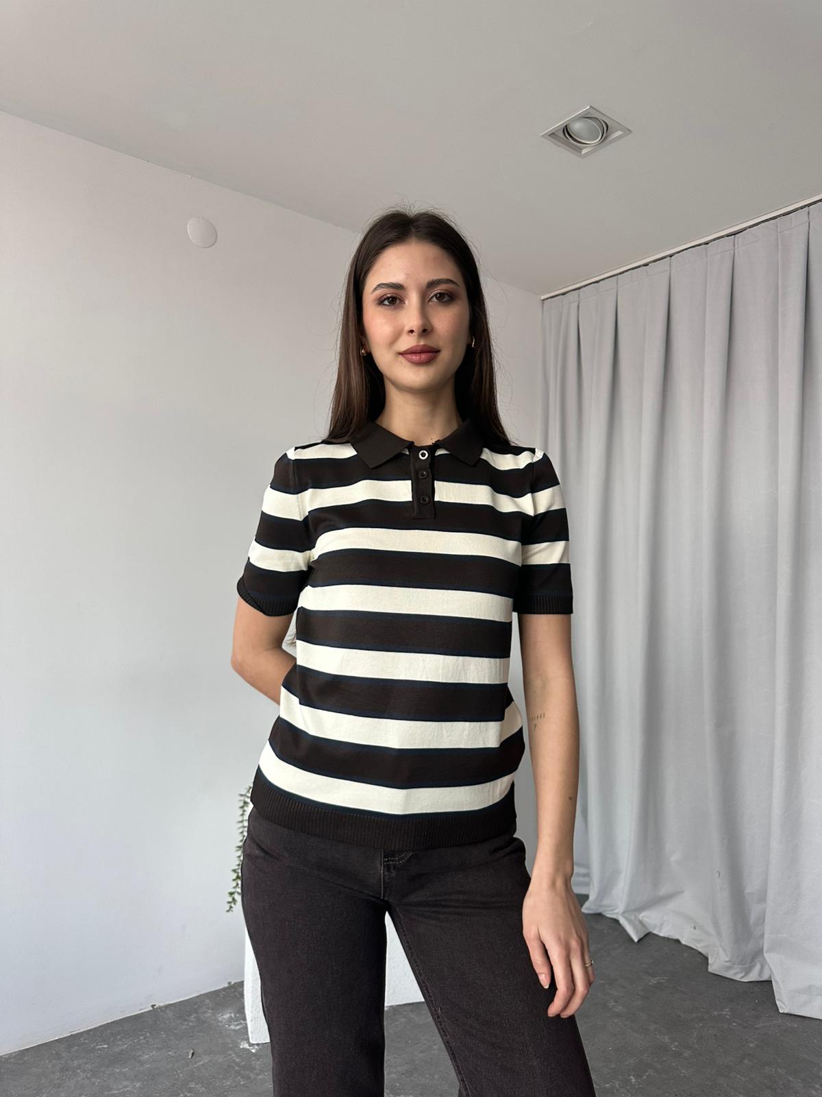 Kahverengi Çizgili Triko Bluz - Görsel 7