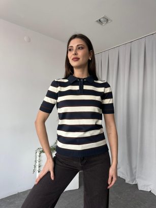 Lacivert Çizgili Triko Bluz
