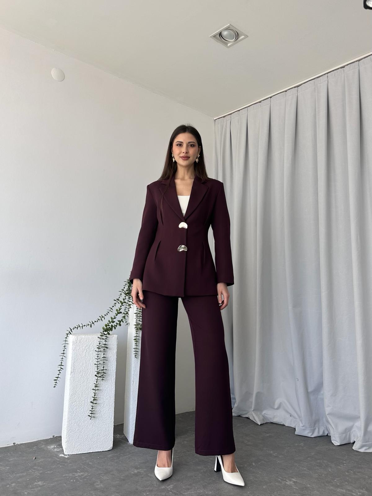 Kadın Düğme Detaylı Mürdüm Ceket-Pantolon Takım - Görsel 2