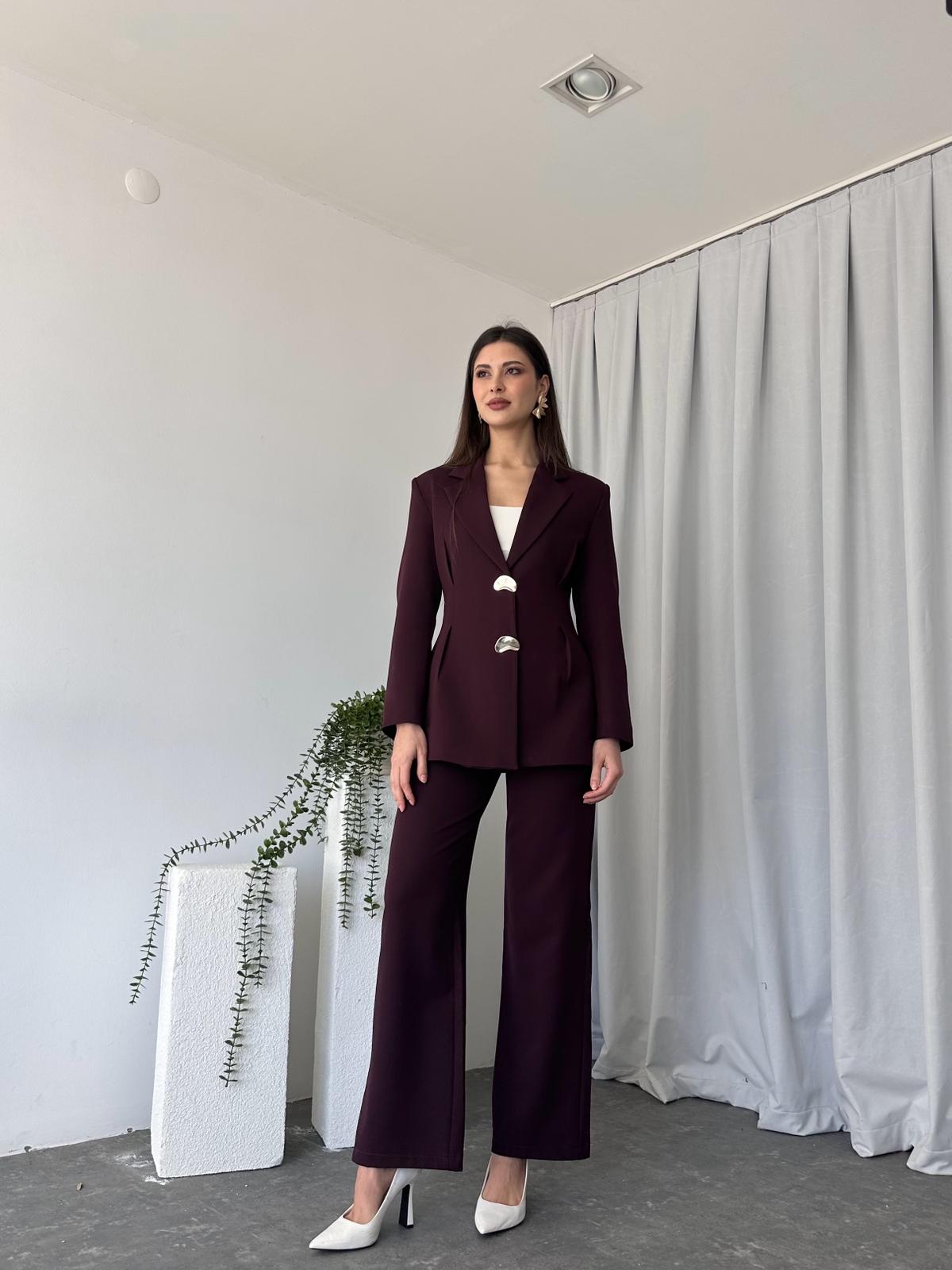 Kadın Düğme Detaylı Mürdüm Ceket-Pantolon Takım - Görsel 3