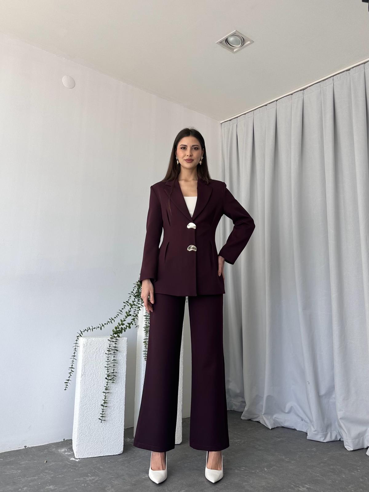 Kadın Düğme Detaylı Mürdüm Ceket-Pantolon Takım - Görsel 4