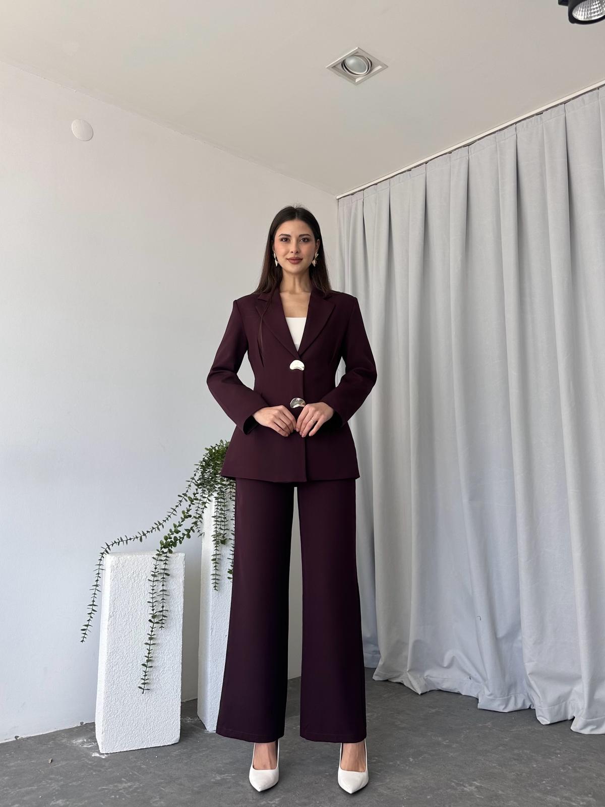 Kadın Düğme Detaylı Mürdüm Ceket-Pantolon Takım - Görsel 5