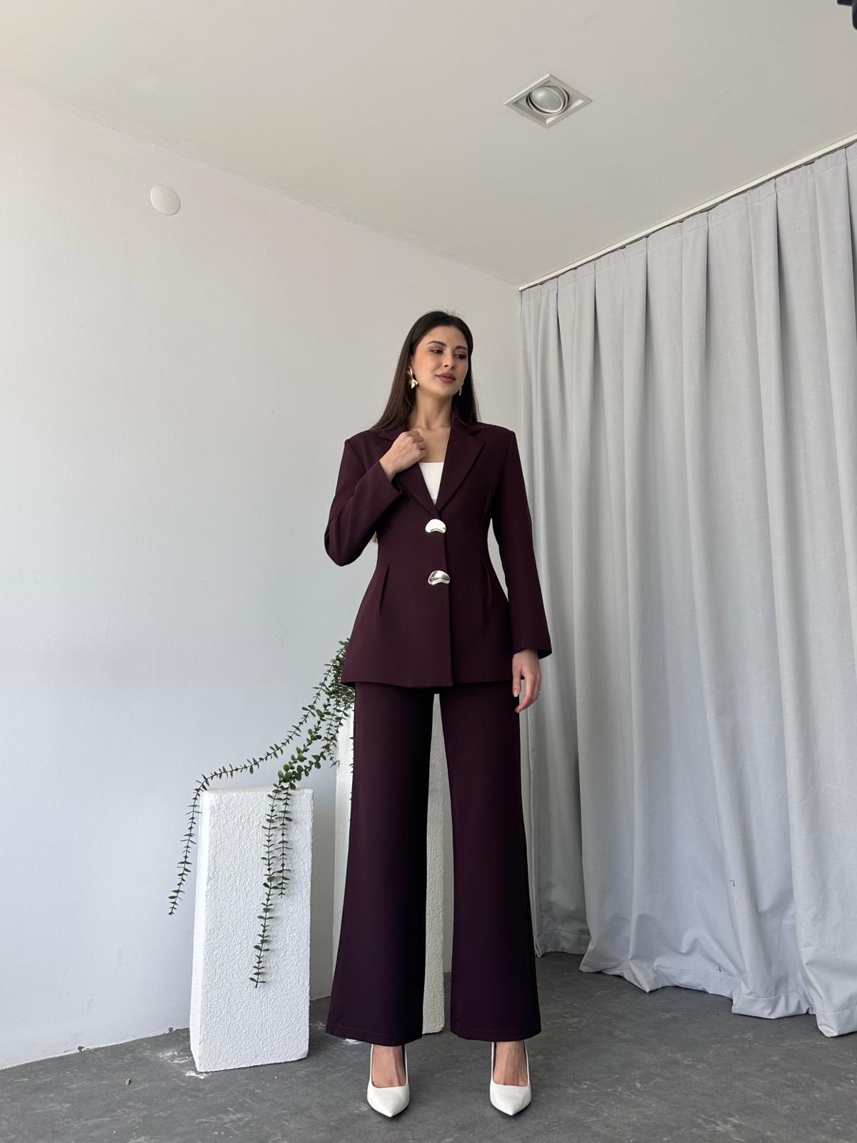 Kadın Düğme Detaylı Mürdüm Ceket-Pantolon Takım - Görsel 6