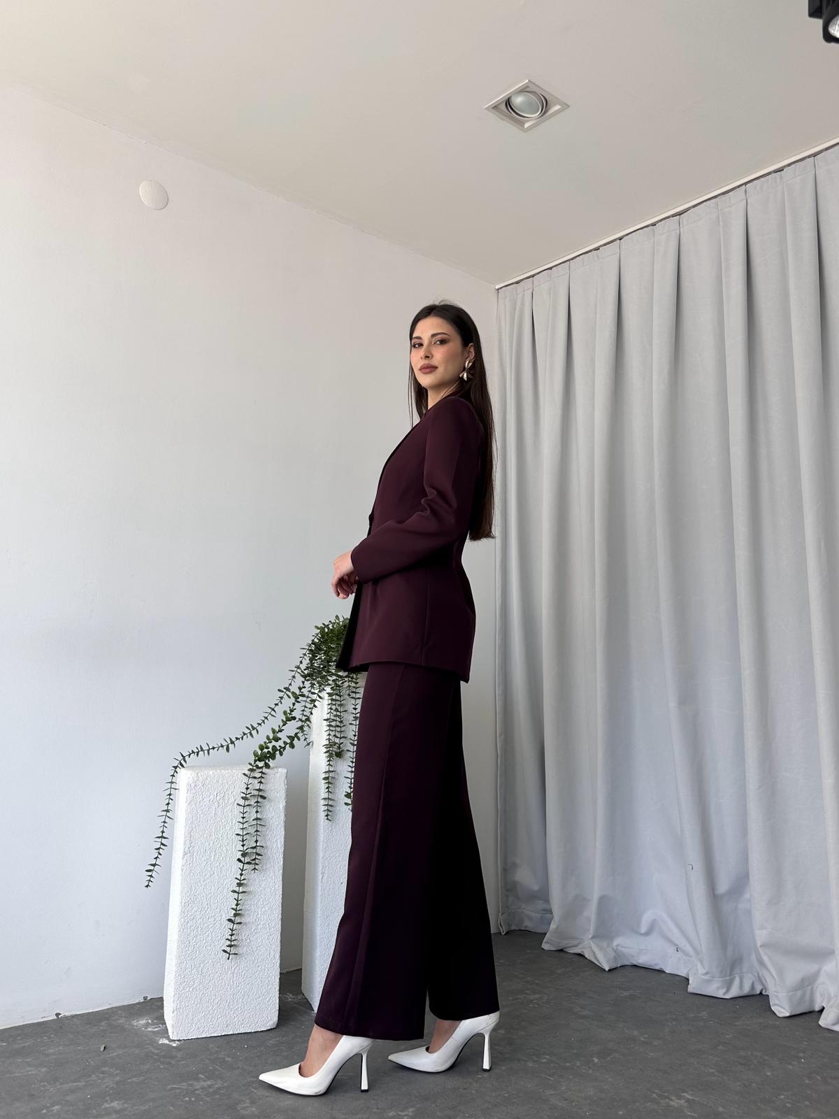 Kadın Düğme Detaylı Mürdüm Ceket-Pantolon Takım - Görsel 7