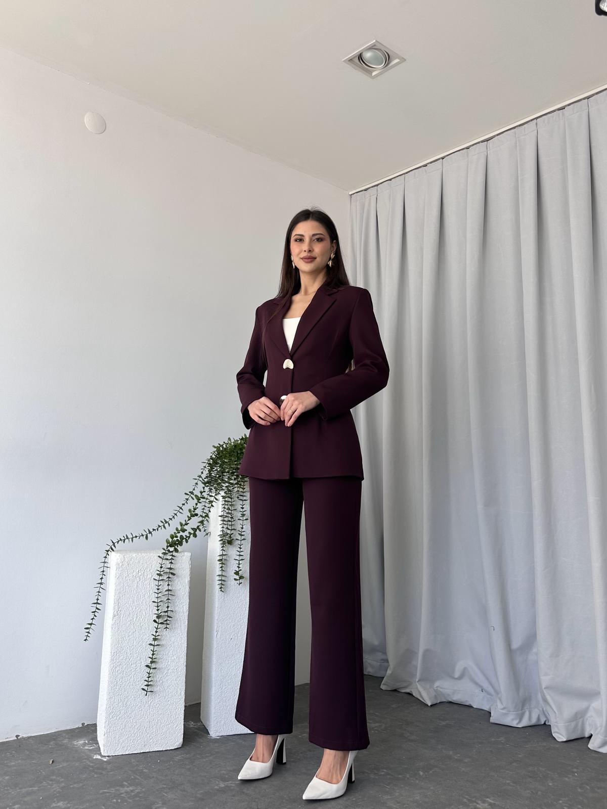 Kadın Düğme Detaylı Mürdüm Ceket-Pantolon Takım - Görsel 8