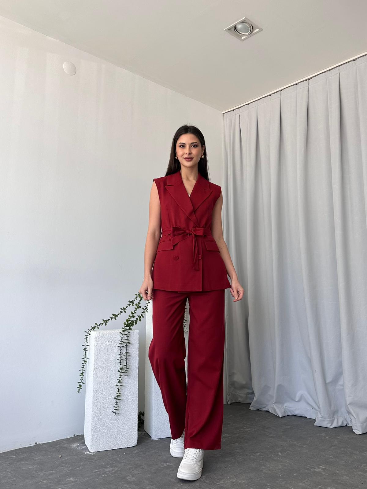 Kadın Leilam Kırmızı Yelek Pantolon Takım - Görsel 3