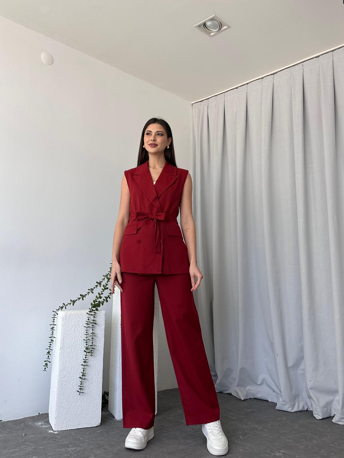 Kadın Leilam Kırmızı Yelek Pantolon Takım - Görsel 5
