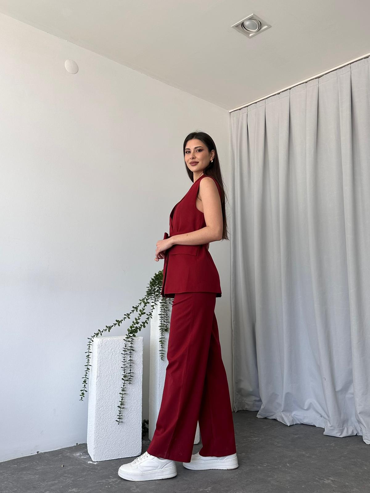 Kadın Leilam Kırmızı Yelek Pantolon Takım - Görsel 9