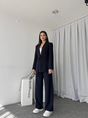 Kadın Lacivert Kemerli Ceket-Pantolon Takım