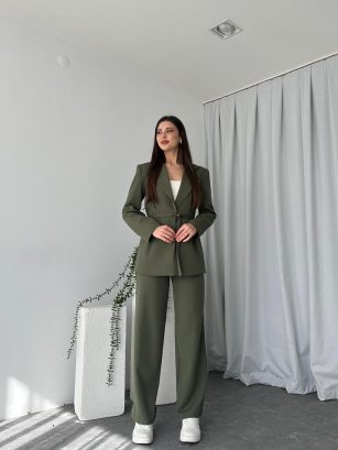 Kadın Haki Kemerli Ceket-Pantolon Takım