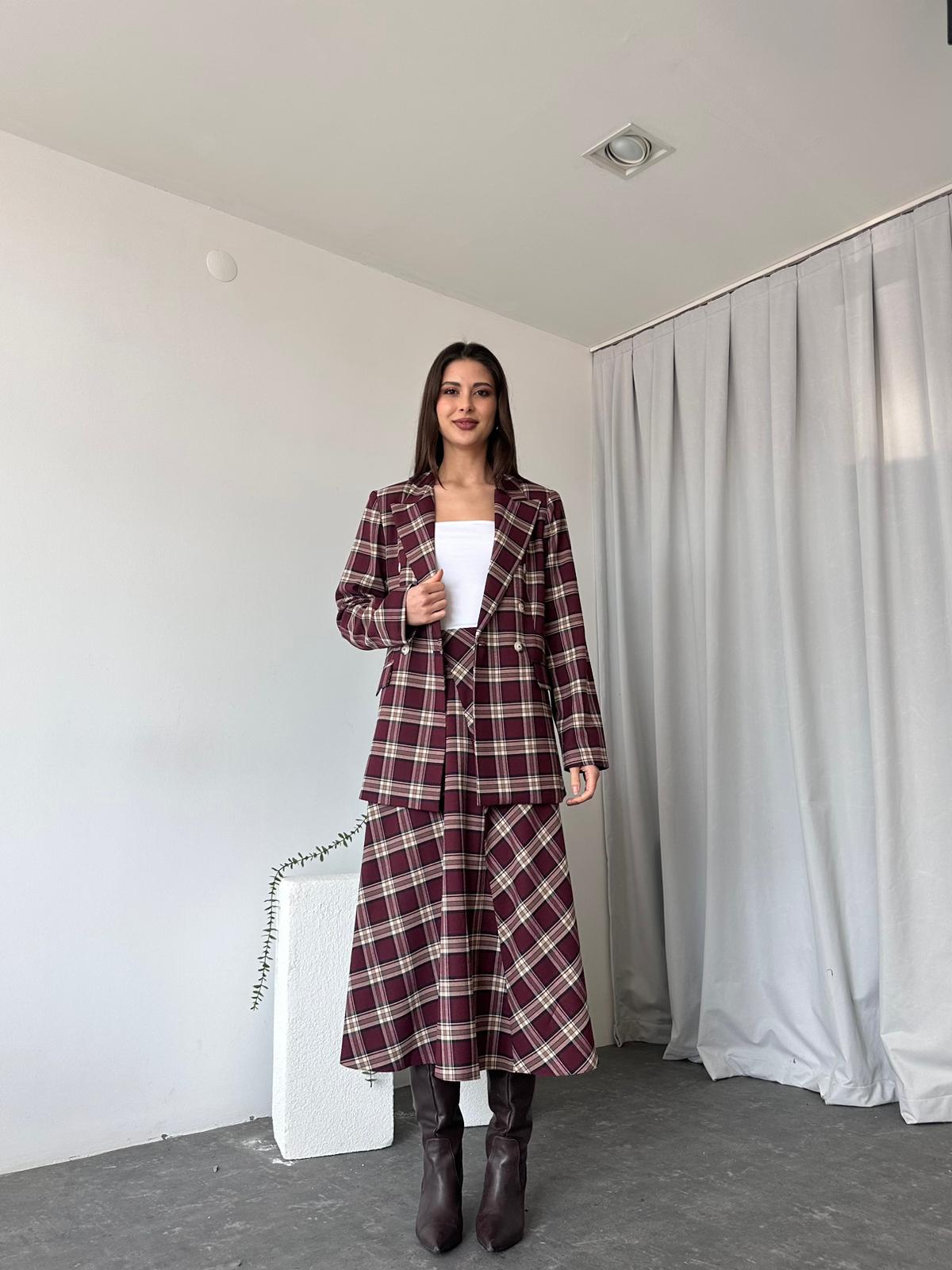 Kadın Bordo Ekose Etek-Ceket Takım - Görsel 4