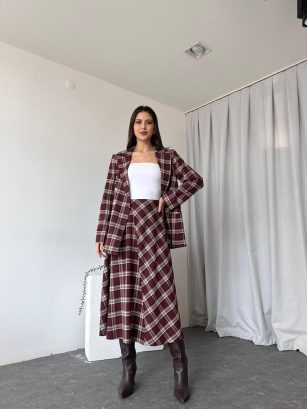 Kadın Bordo Ekose  Etek-Ceket Takım