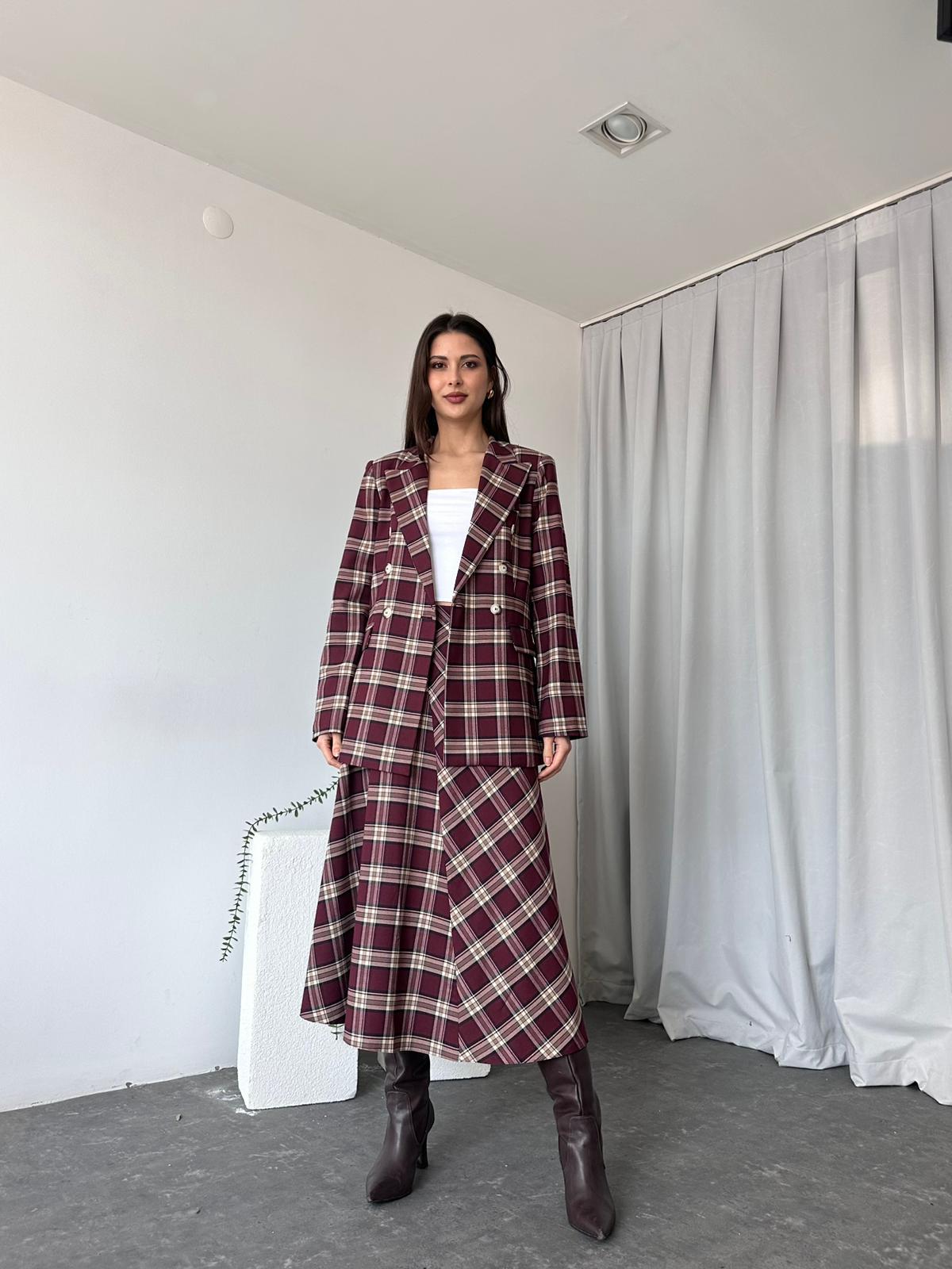 Kadın Bordo Ekose Etek-Ceket Takım - Görsel 5