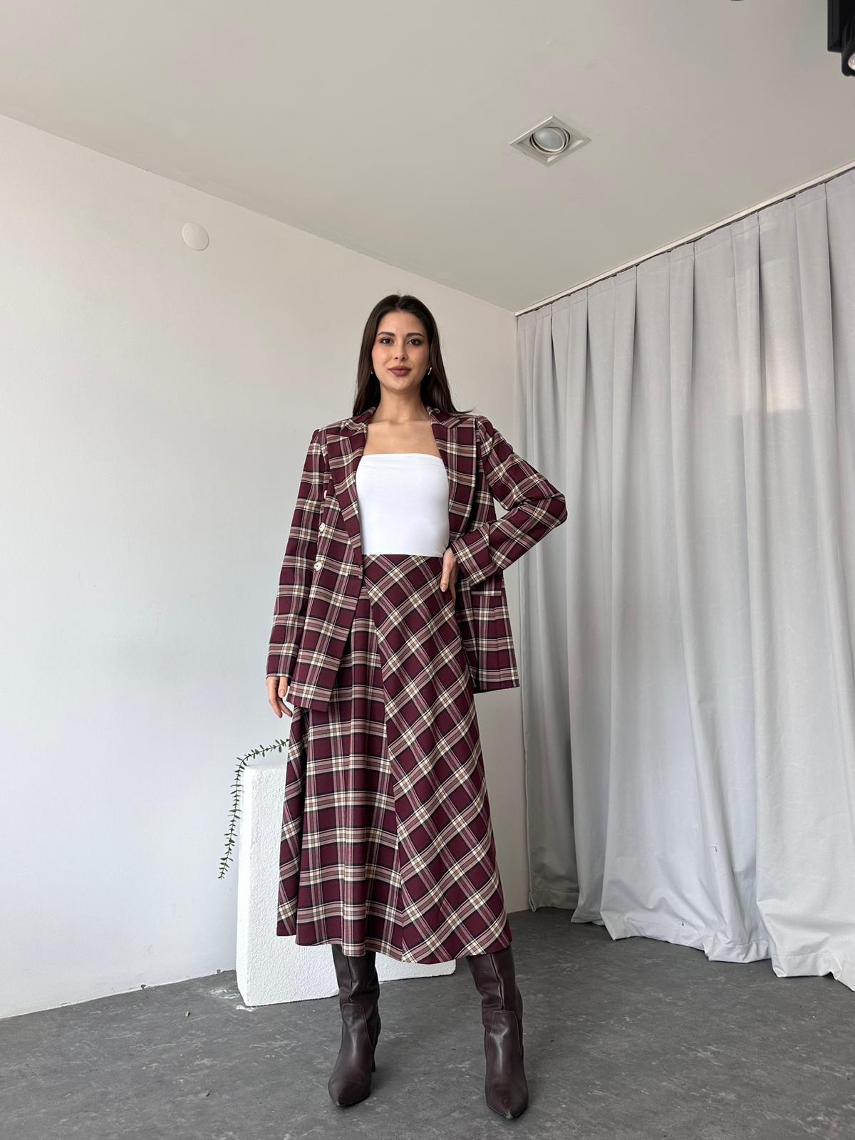 Kadın Bordo Ekose Etek-Ceket Takım