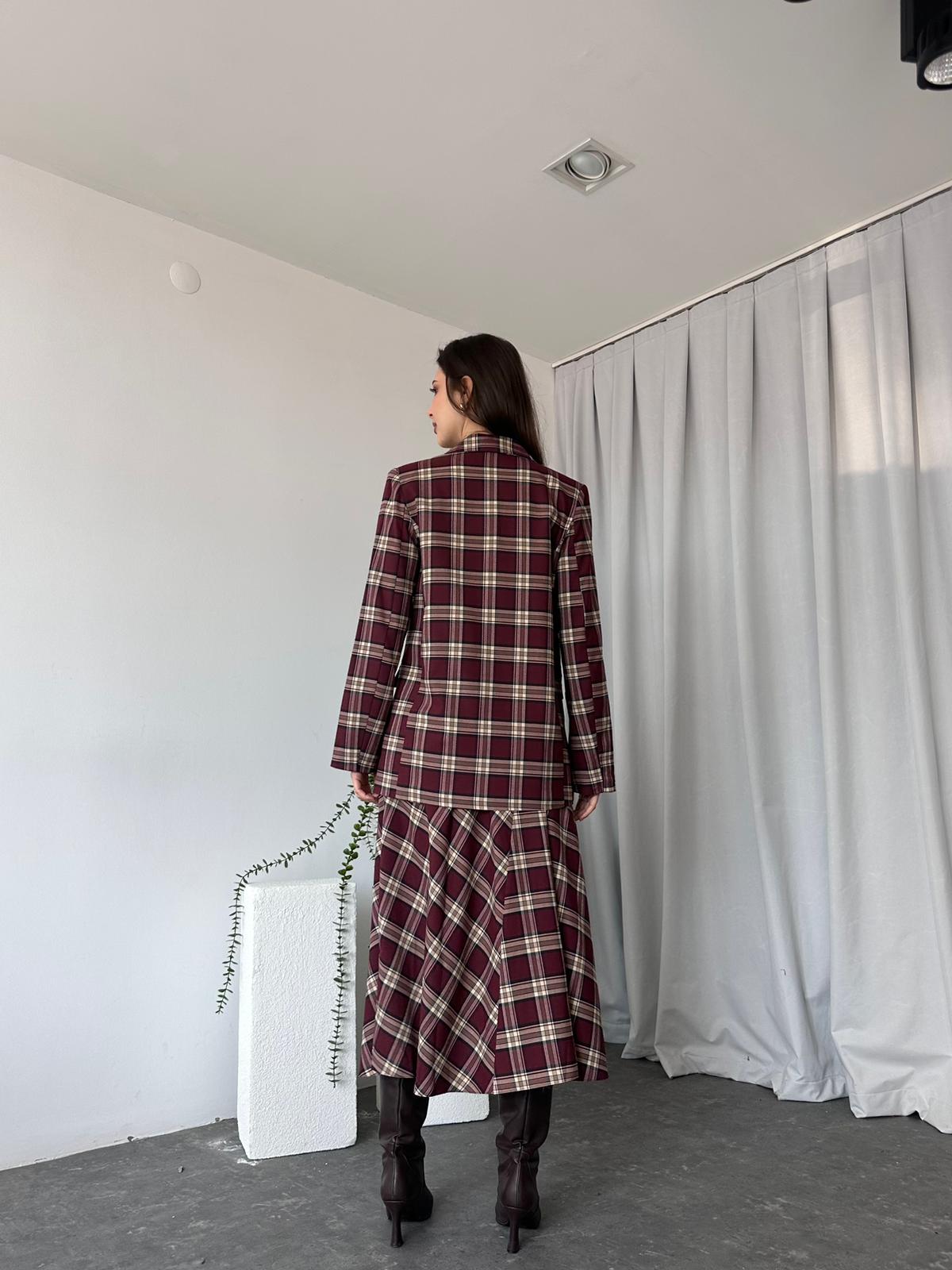 Kadın Bordo Ekose Etek-Ceket Takım - Görsel 9