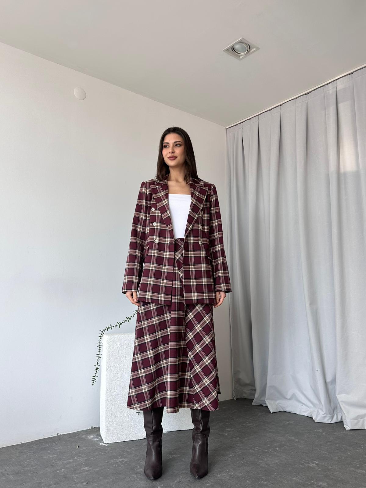Kadın Bordo Ekose Etek-Ceket Takım - Görsel 11