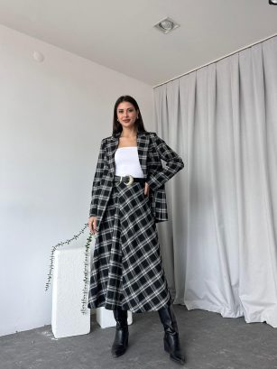Kadın Siyah Ekose  Etek-Ceket Takım