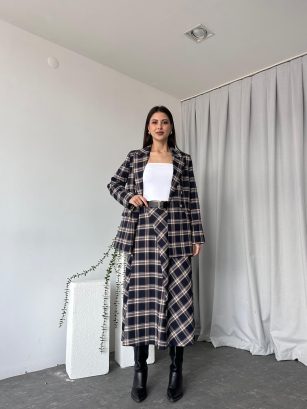 Kadın Lacivert Ekose  Etek-Ceket Takım