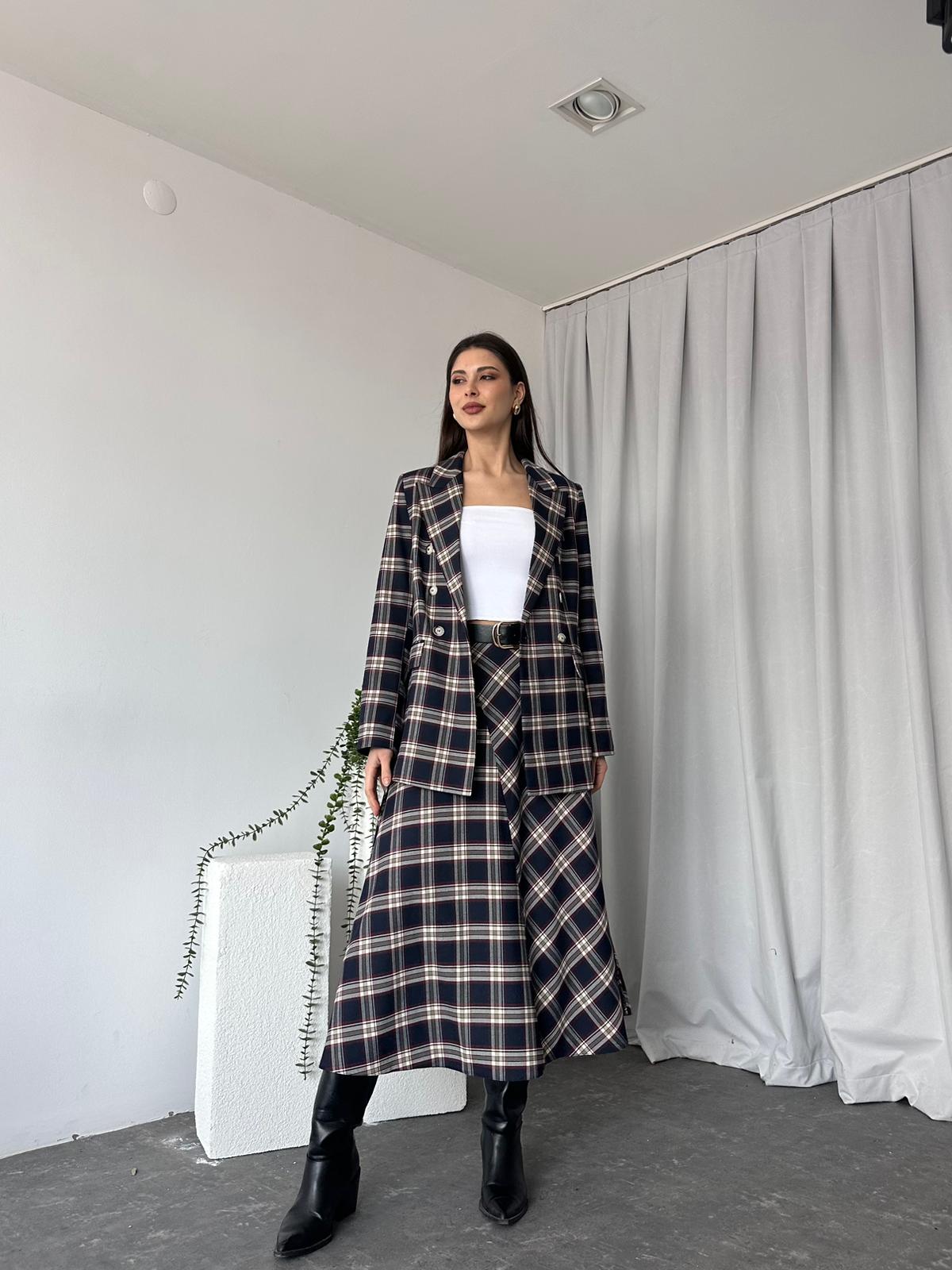 Kadın Lacivert Ekose Etek-Ceket Takım - Görsel 2