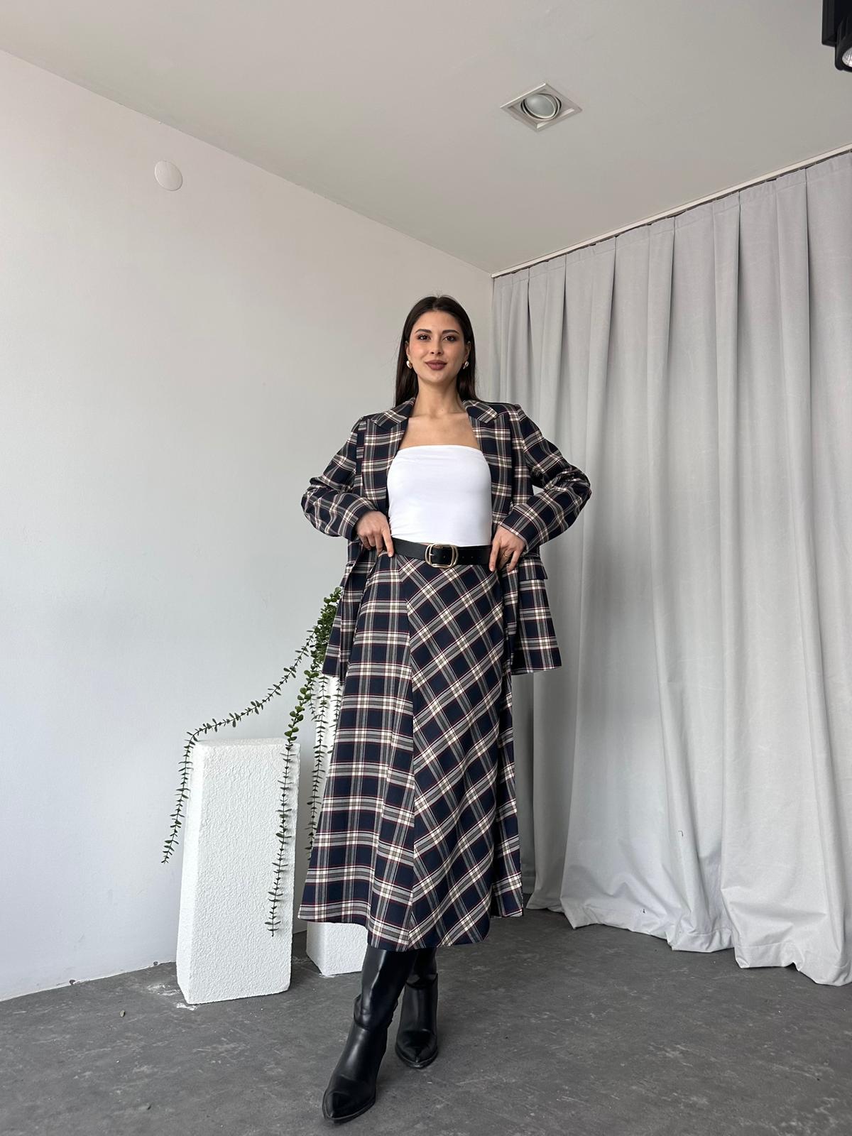 Kadın Lacivert Ekose Etek-Ceket Takım - Görsel 3