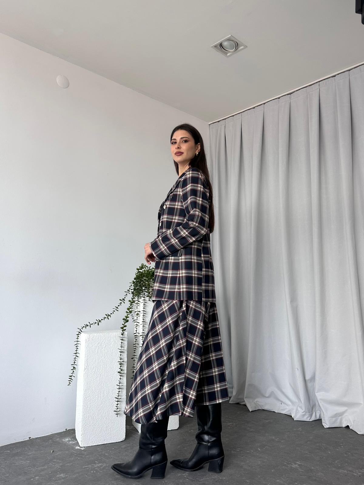 Kadın Lacivert Ekose Etek-Ceket Takım - Görsel 5