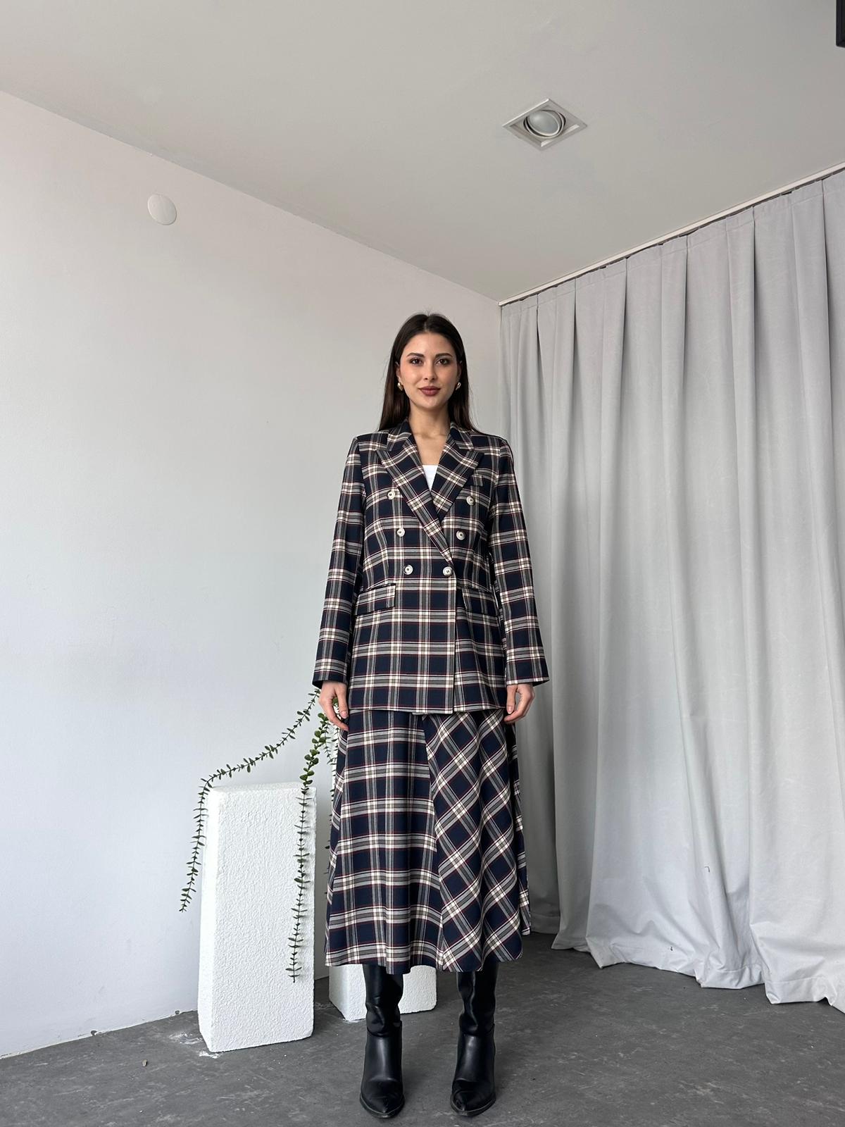 Kadın Lacivert Ekose Etek-Ceket Takım - Görsel 6