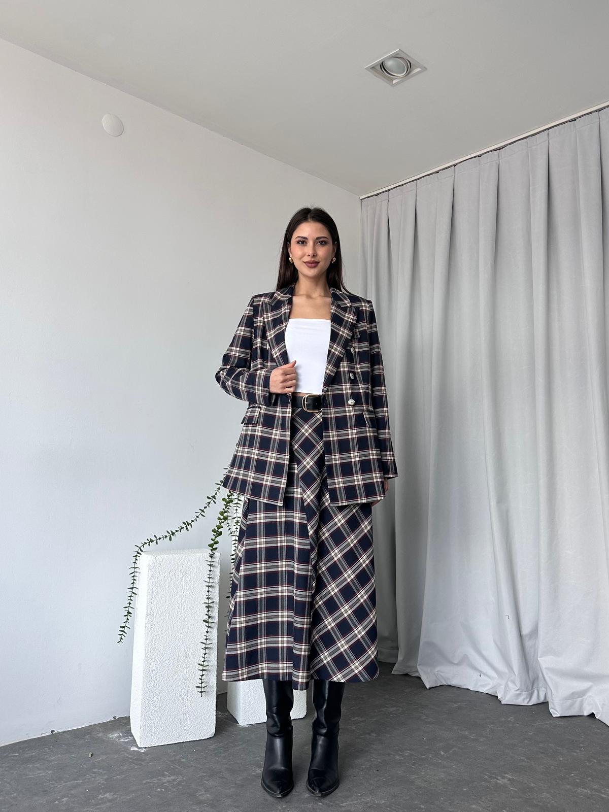 Kadın Lacivert Ekose Etek-Ceket Takım - Görsel 8