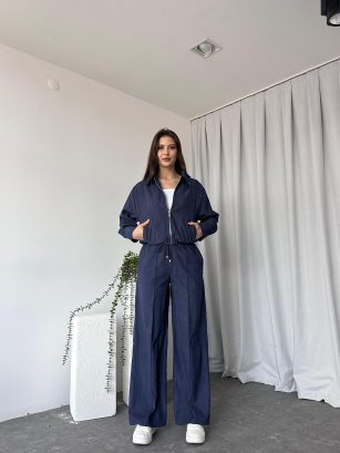 Kadın Lacivert Nubuk Fermuarlı Ceket-Pantolon