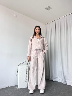 Kadın Krem Nubuk Fermuarlı Ceket-Pantolon