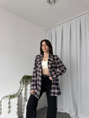 Kadın Lacivert Ekose  Ceket