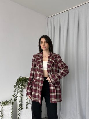 Kadın Bordo Ekose  Ceket