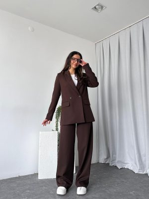 Kadın Kahverengi Oversize Ceket Pantolon Takım