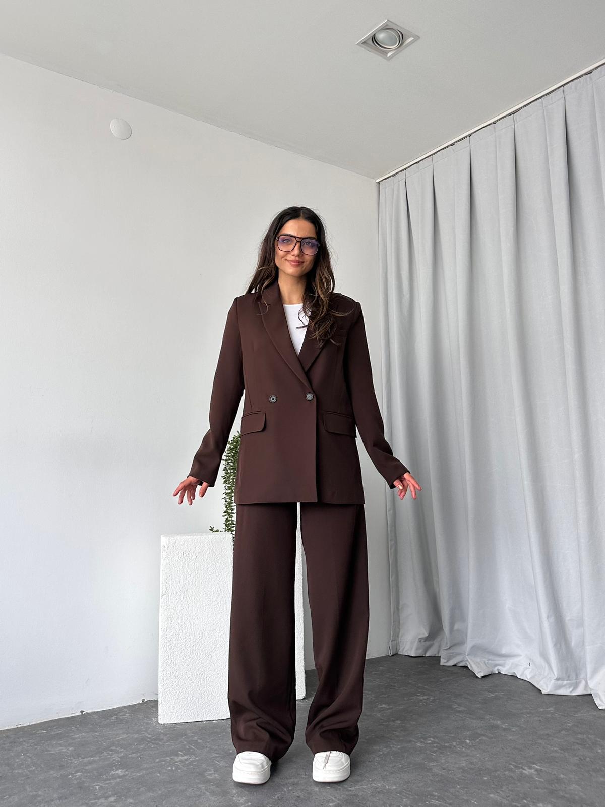 Kadın Kahverengi Oversize Ceket Pantolon Takım - Görsel 4