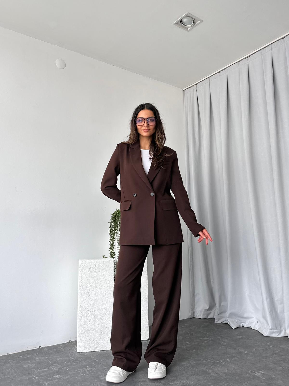 Kadın Kahverengi Oversize Ceket Pantolon Takım - Görsel 7