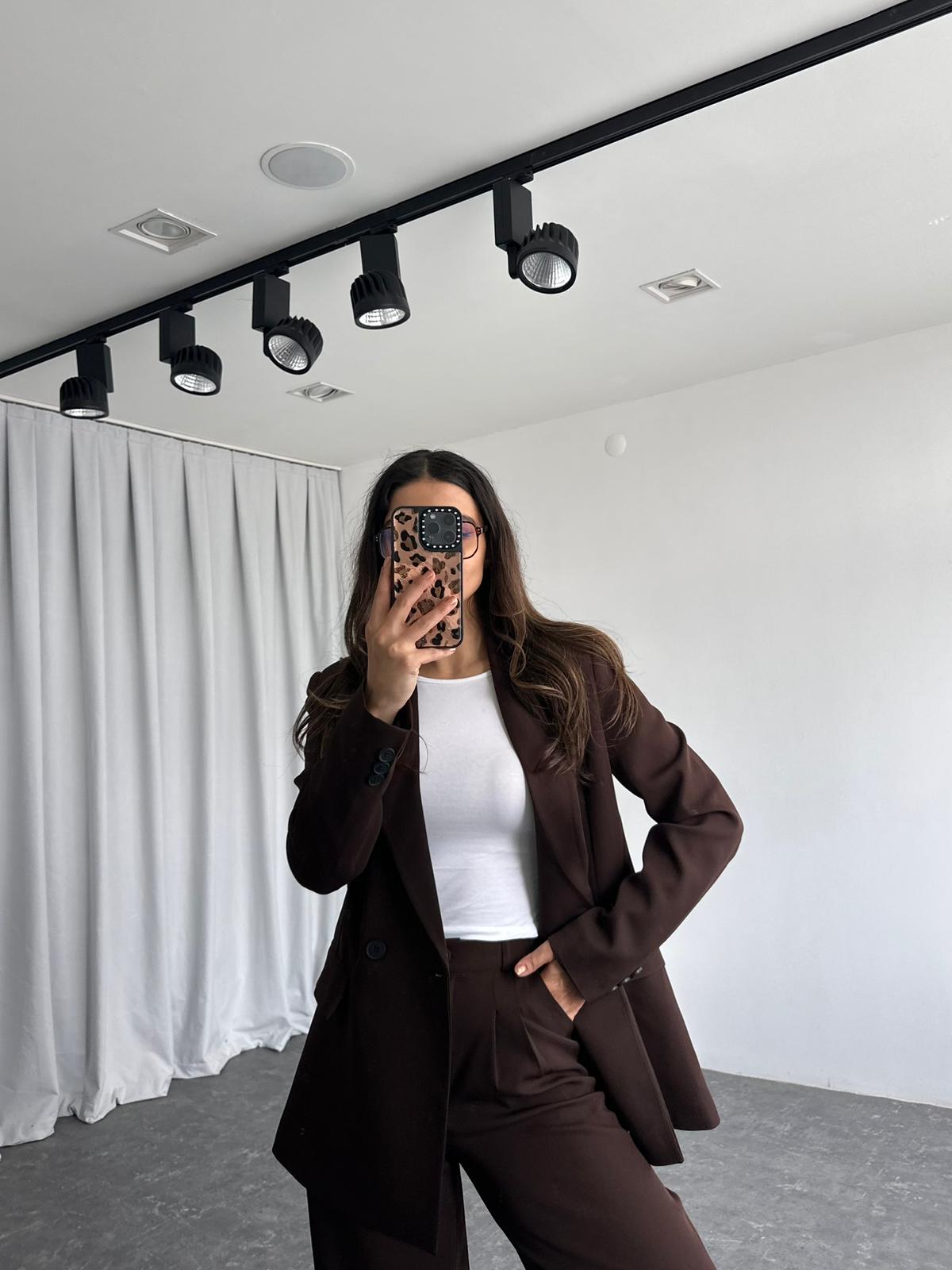 Kadın Kahverengi Oversize Ceket Pantolon Takım - Görsel 9