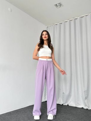 Bel Detaylı Plazzo Pantalon (Lila)