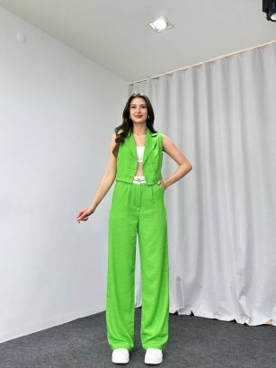 Bel Detaylı Plazzo-Yelek Takım (Yeşil)
