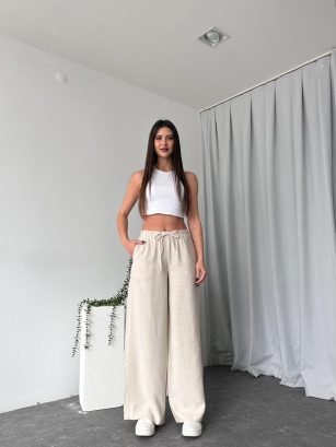 Kadın Krem Keten Pantolon
