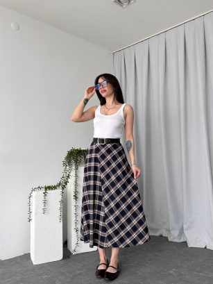 Kadın Lacivert Ekose  Etek