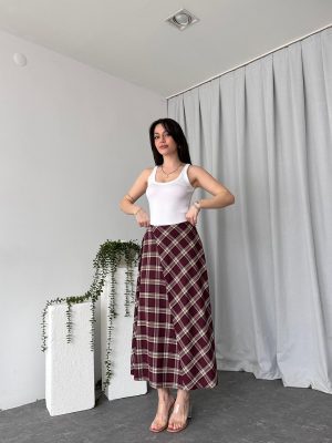 Kadın Bordo Ekose  Etek