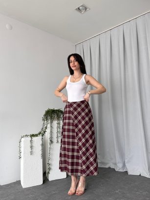 Kadın Bordo Ekose  Etek